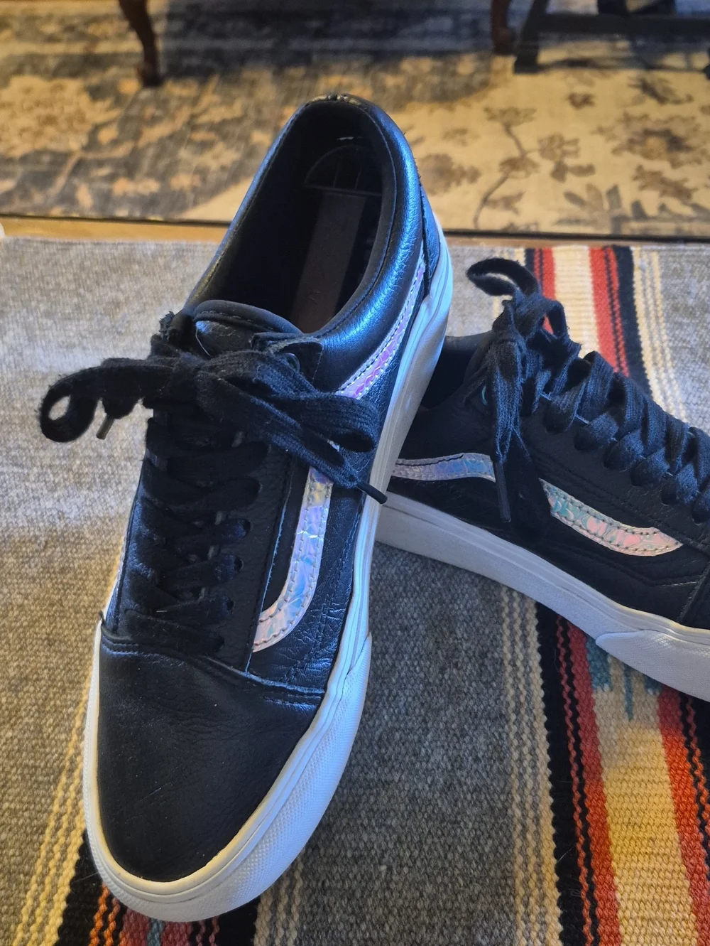 Vans Old Skool Irridised Racing Stripe Black Leather Womens Sz.8. VGC.(#1063sh)